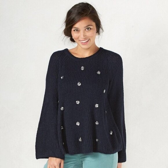 Lauren Conrad Sweater S Sequin Knit Bell Sleeve Gray Cozy Warm Embellished Woven - Picture 1 of 10